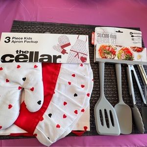 NWT Child’s cooking tools. The Cellar 3 pc apron set & Ar+Cook 4 pc utensil set